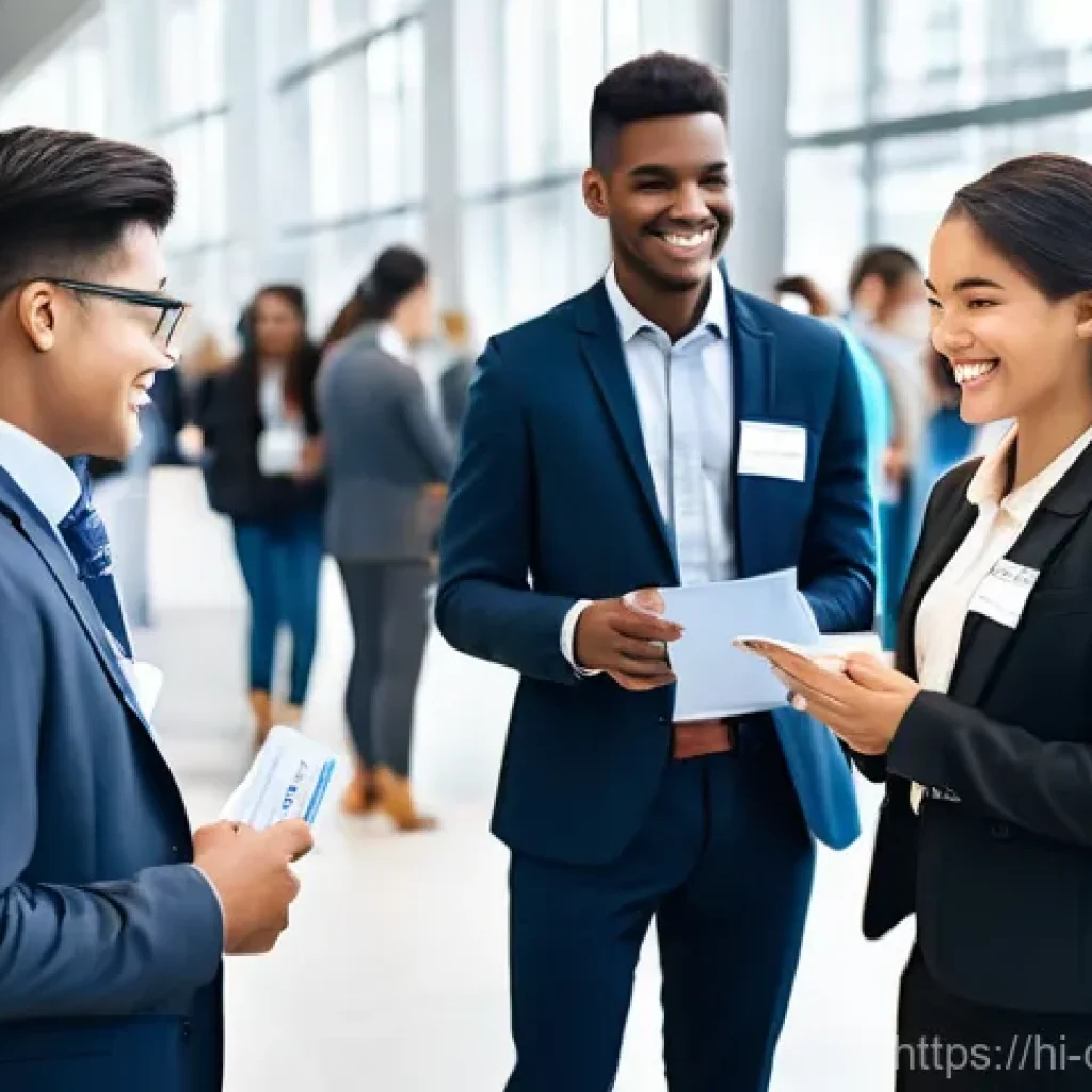 대학생 취업 박람회 - **Vibrant University Job Fair Scene:** A diverse group of young university students, aged 18-24, are...