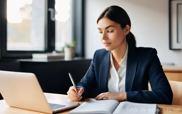 이직 준비 과정 - **Prompt:** A young professional, male or female, in their late 20s to early 30s, is seated at a cle...