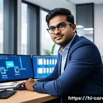 자격증 추천 - A professional Indian man in formal attire sitting at a modern office desk, surrounded by multiple c...