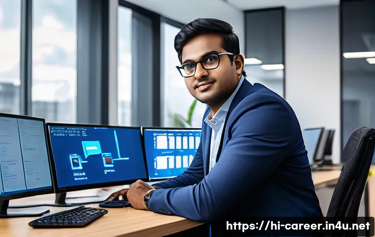 자격증 추천 - A professional Indian man in formal attire sitting at a modern office desk, surrounded by multiple c...