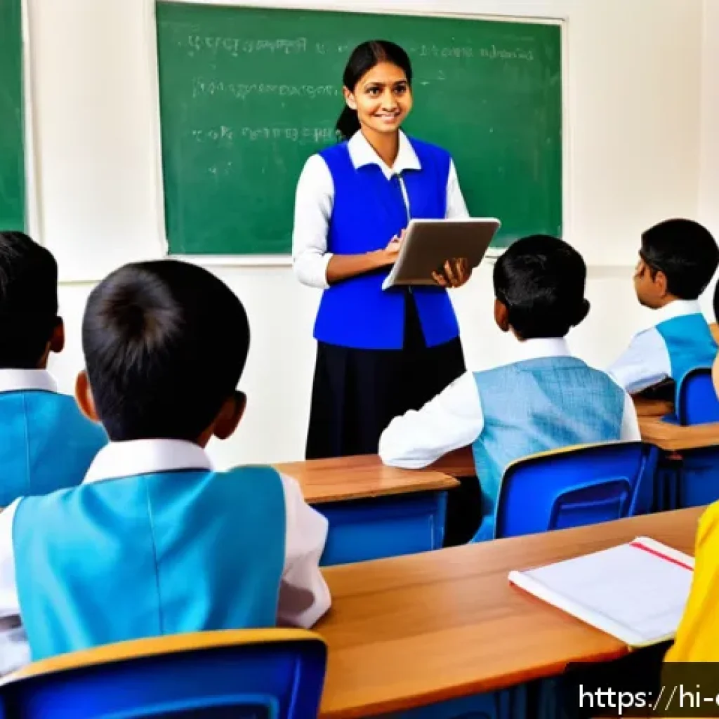교육학과 진로 선택 - A modern Indian classroom scene showcasing a female Hindi teacher using a digital tablet and interac...