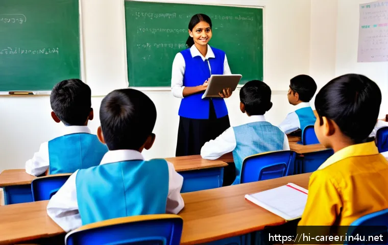 교육학과 진로 선택 - A modern Indian classroom scene showcasing a female Hindi teacher using a digital tablet and interac...